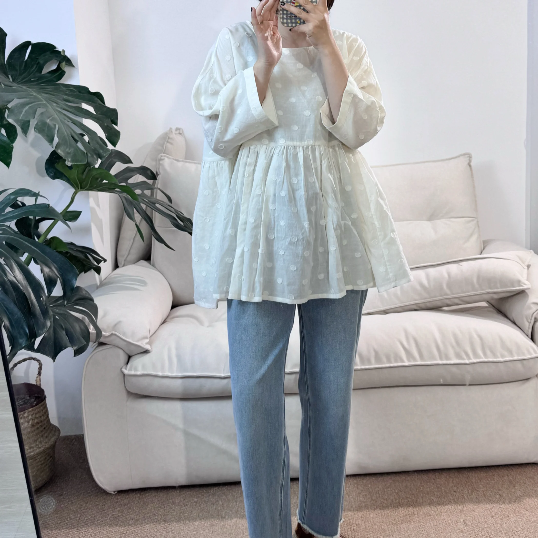 

Loose Han Hanma round Ne Polka Dot Doll irt Breathable Cotton Linen Blend Long Sve Comfortable Fit Women's irt