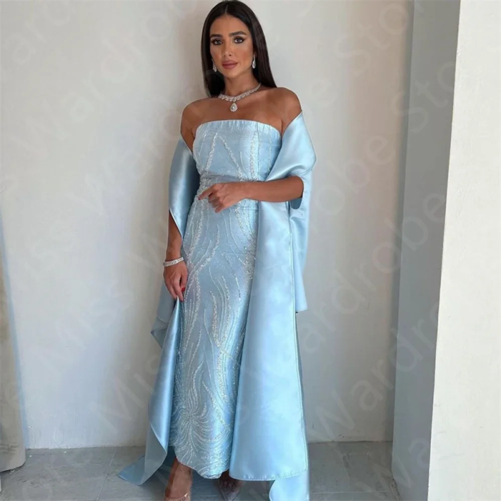 

Customized Baby Blue Evening Dresses Arabic 2025 Prom Party Gowns with Shawl Beading Sequined Wedding Guest Dresses Ankle Length