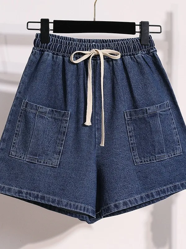 

Washed Cotton Denim Short Pants Women's Summer Casual Loose Slimming Five-Point Drawstring Casual Shorts High Waist Wide Leg
