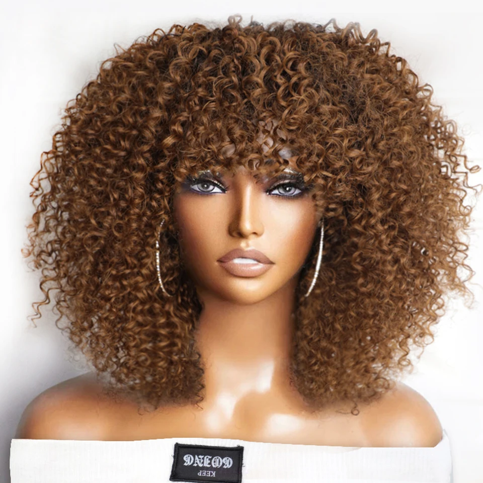 Kurze Afro-Perücke, verworren, lockig, mit Pony, peruanisches Highlight, braun, leimlos, volle Maschinenperücke, 250 Dichte, für schwarze Frauen, Echthaar