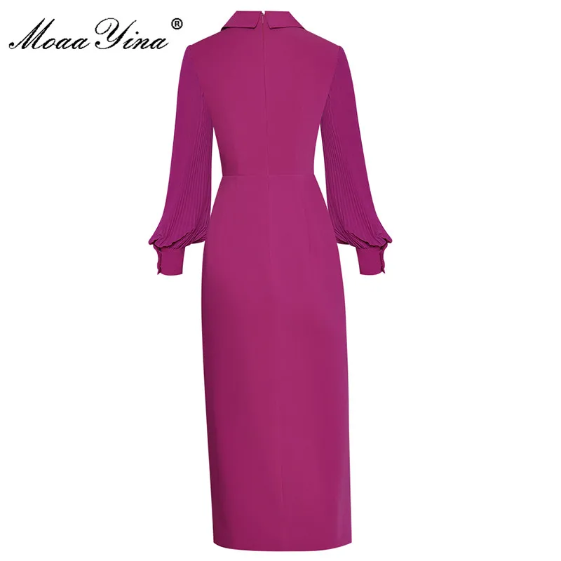 MoaaYina Fashion Designer Spring Dress Women Turn-down Collar Pleated Lantern Sleeve Slim Purple Lady Pencil Dresses