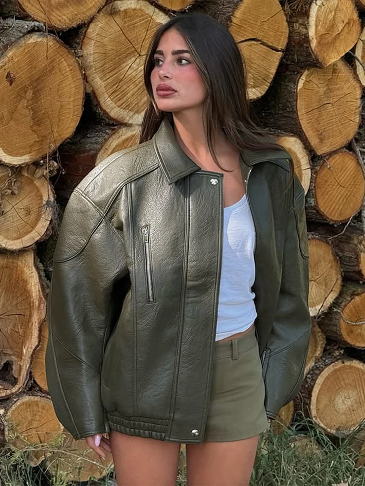 Leren damesjasje met lange mouwen, ritssluiting, elastische zoom, knoopzak, effen vrouwelijke jassen, herfst, high street jassen, dames