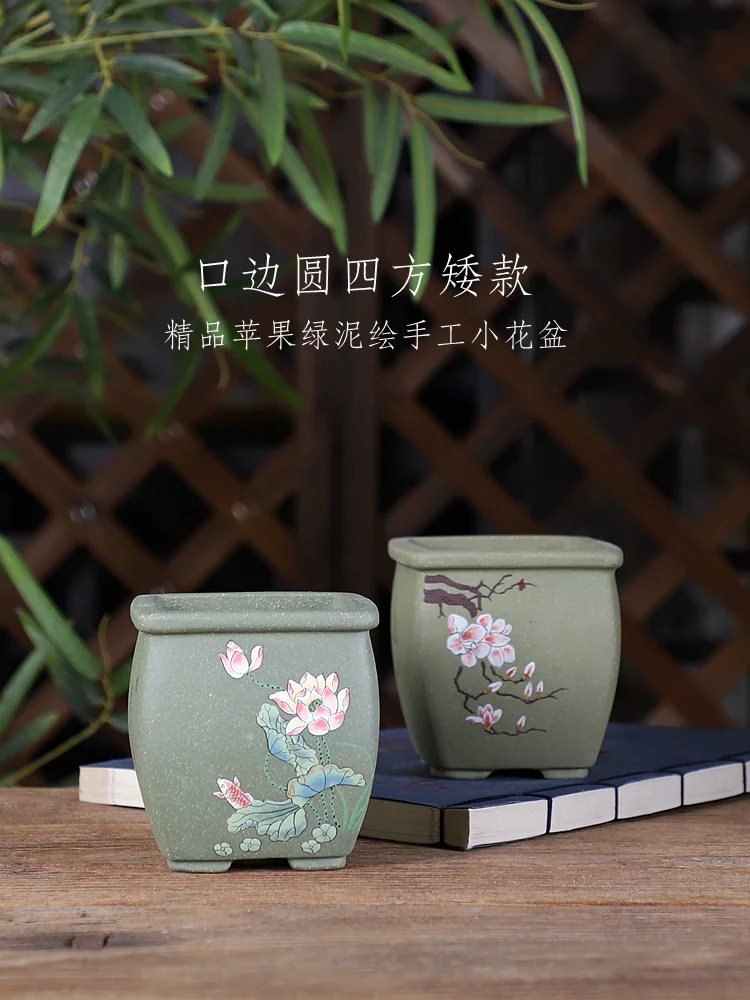 Green Sand Clay Bonsai Pot, Handmade Painting, Traditional Pattern, Dormitory Room, Office Desk, Table Garden Decoration