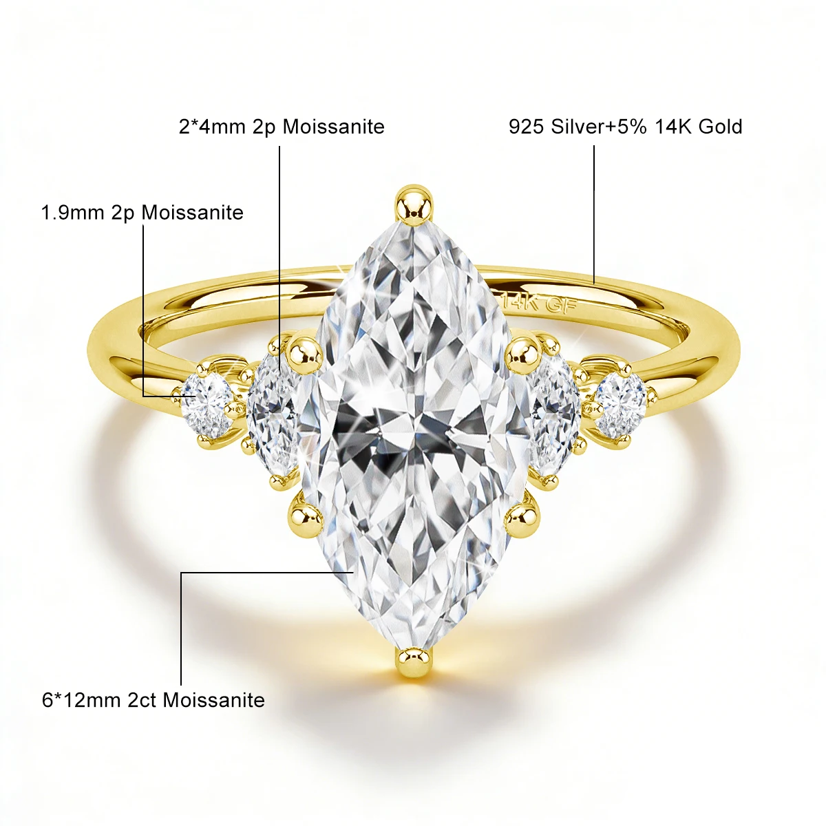 SDOOU 2CT 14K Gold Filled Engagement Marquise Cut Moissanite Ring for Girls Gala Dinner Graduation Banquet High Quality Jewelry