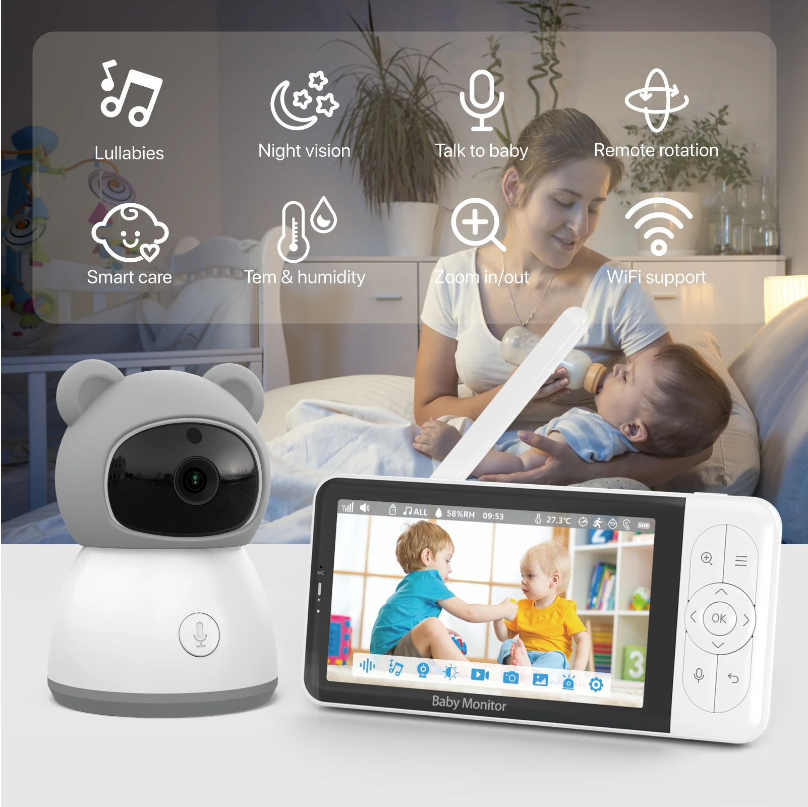 Tuya B6TY Smart Baby Monitors camera Temperature Detection APP View Control Baby Nanny 2-Way Audio Baby Cam 1080P Display 3000
