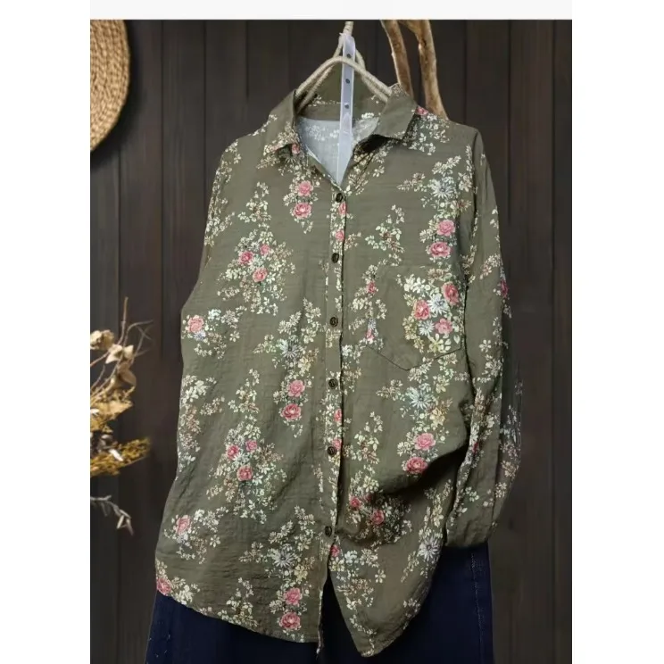 

Casual Floral Print Long Sve Women's irt Spring Autumn plus Size Slimming Outerwear Top Commute Artistic Loose Fit