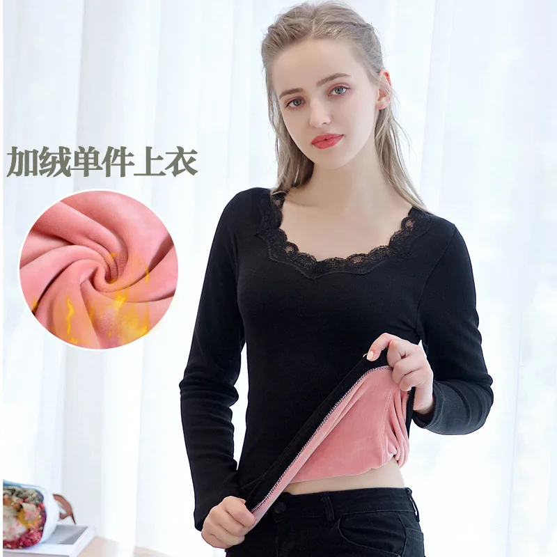 Winter Women\'s Thermal Underwear Fashion Slim Bodycare Sexy Lace Collar Design Fleece Lace Woman Winter Clothing Warm Pullover