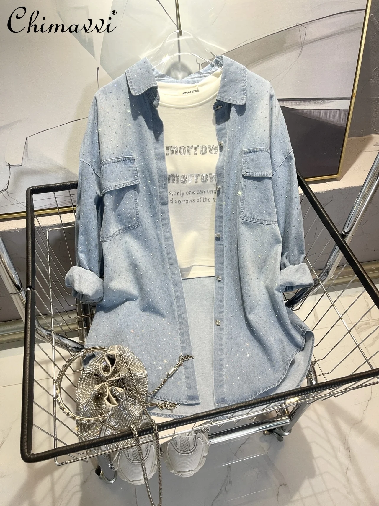 Full Diamond Denim Shirt for Women Baggy Coat Heavy Hot Drilling Casual Large Size Streetwear Fashion Thin Blouse Autumn New