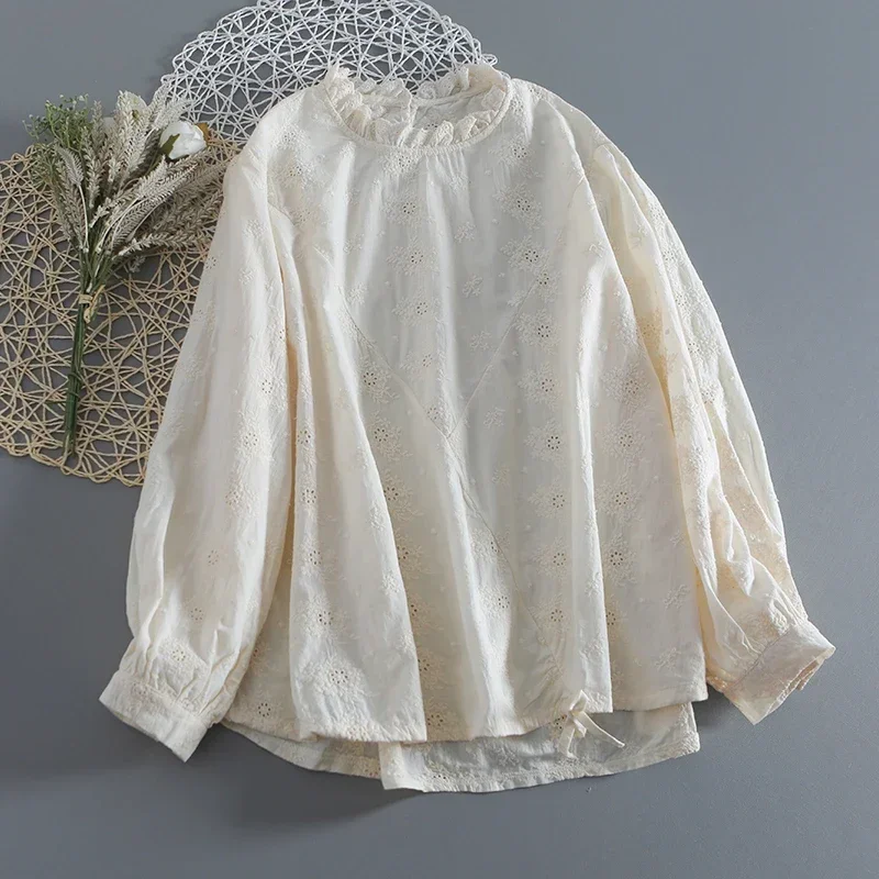 Cotton Linen Female Victorian Cottagecore Floral Embroidery Eyelet Lace Blouse Women Edwardian Rococo Lolita Mori Girl Shirt