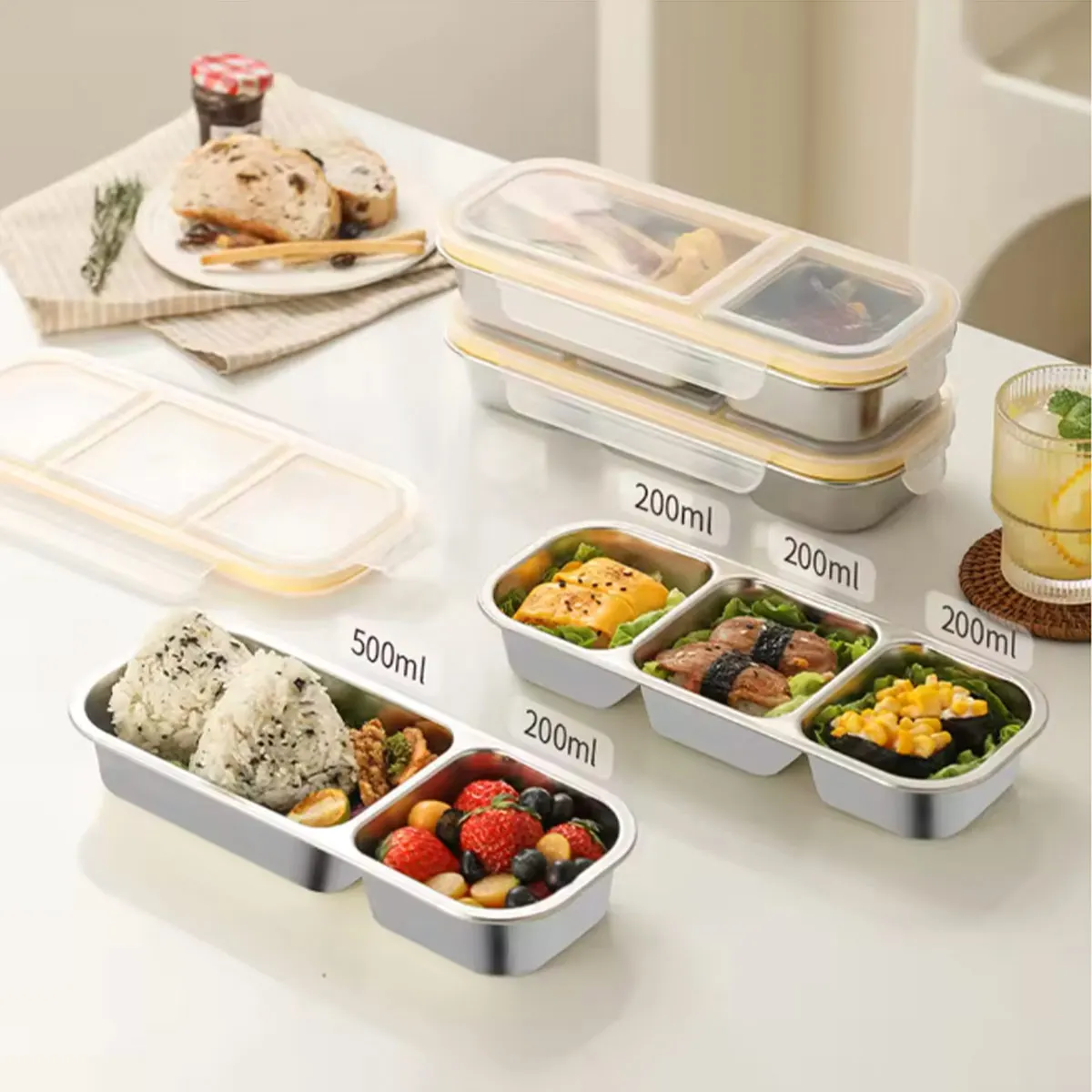 304 Edelstahl 3-Fach Unterteilte Leichte Mahlzeiten-Bento-Box für Büroangestellte, Portionskontrollierte, Tragbare Obst-Snack-Box Lunchbox