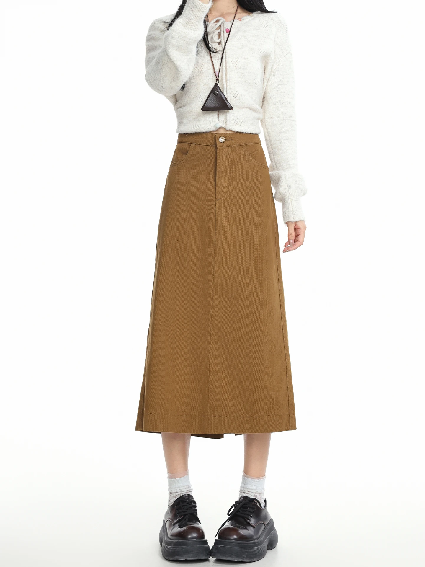 Khaki High Waist Slit A-Line Skirt Women's Summer New Style Loose Fit Casual Style Cotton Fabric Cover Hip Length Skirt