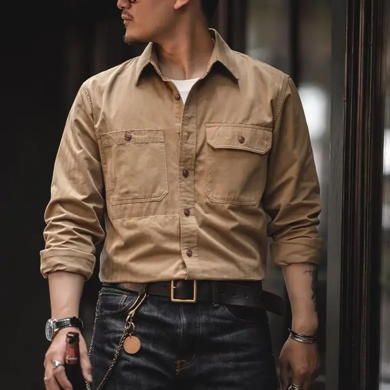 Retro Heavyweight Herringbone Work Men, Engineer Japanese American Military Style, Turn-Down Collar Long Sleeve Shirt For Men