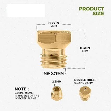 Latão Jet Nozzle para propano GLP, tubulação de gás natural, aquecedor de água, DIY Burner Parts, LP Gás Conversion Kit, M6 × 0,75mm, 0,5mm, 20PCs