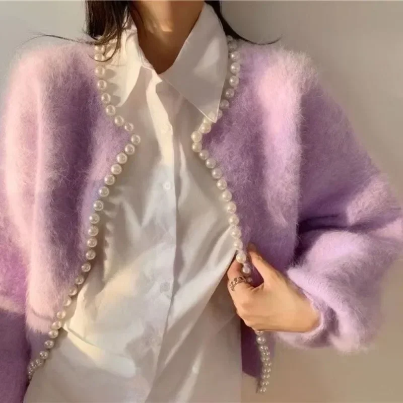 Spring Autumn New Fashion Ladies Pearl Knit Lantern Sleeves Imitation Mink Fleece Sweater Cardigan Jacket Women Korean Style Y2k