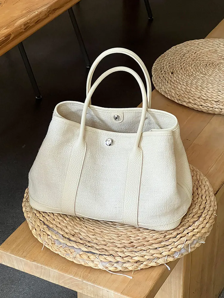 

Linen Canvas Tote Bag Women's Handbag Garden Style Soft Handle Single Shoulder Bag Casual Pure Color Commuter Bag