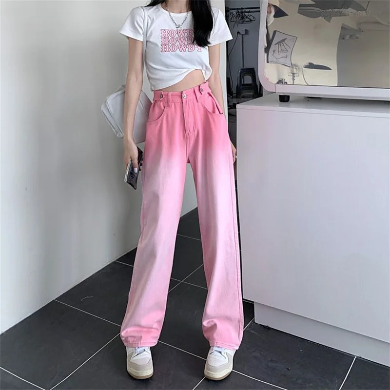 Celana Jeans Gradien Pinggang Tinggi Wanita Musim Semi Musim Panas Celana Pantalon Denim Lurus Wanita Korea Celana Koboi Kaki Lebar Wanita 2025