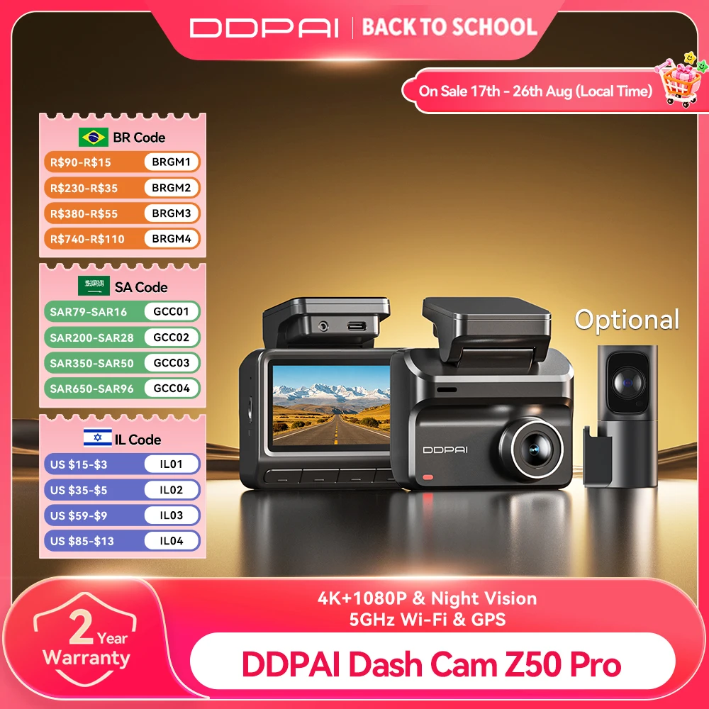 Câmera Veicular DDPAI Z50 Pro 4K UHD com Tela IPS de 3'', GPS Integrado, ADAS, DVR Automotivo de Canal Duplo, Wi-Fi e Monitoramento de Estacionamento 24H