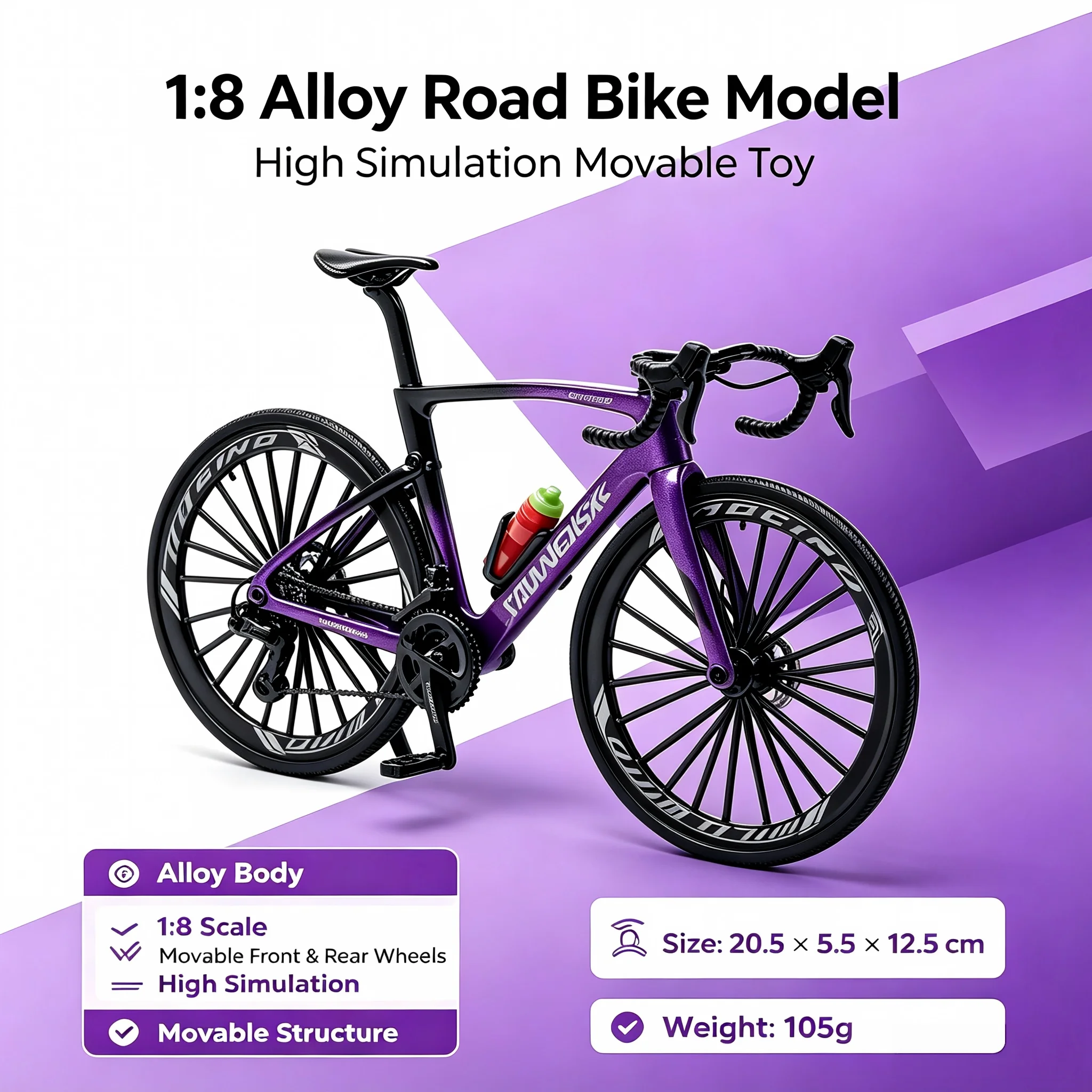 1:8 Scale Alloy Road Bike Model Simulation Mini Bicycle Replica Movable Handlebar Rotatable Wheels Linkage Pedal Detachable Wate