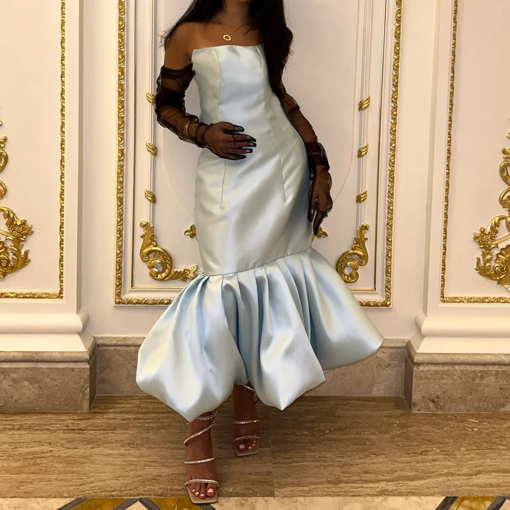 Modest Very Light Blue Mermaid Formal Dresses With Draped Bottom And Gloves Strapless Ankle Length Satin Women Dress To Party