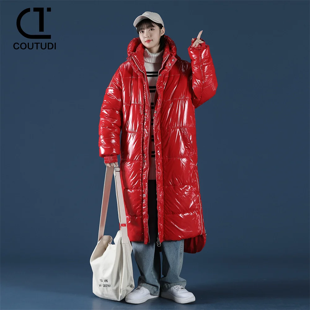 COUTUDI-Women's Bright Long Down Jacket, Warm Padded Coat, Female Fashion, Casual Outfit, Winter Clothing