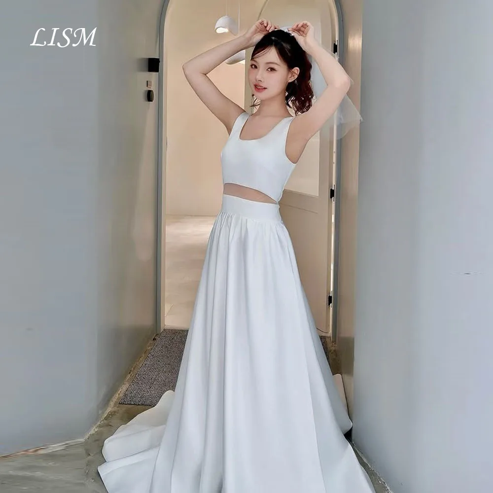 

LISM Square Collar A-Line Korea Wedding Dresses Bow Back Photo Shoot Silk Satin Long Elegant Bridal Gowns 결혼식 드레스 Corsets