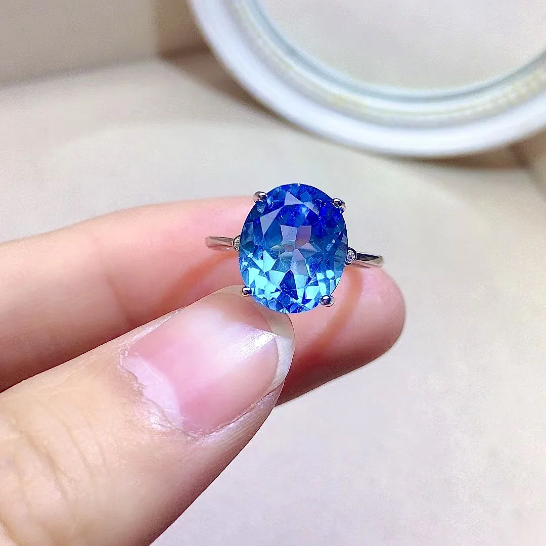 

4ct 10mm*12mm VVS Grade Natural Topaz Ring for Party Luxury Blue Topaz Silver Ring Brithday Gift for Woman
