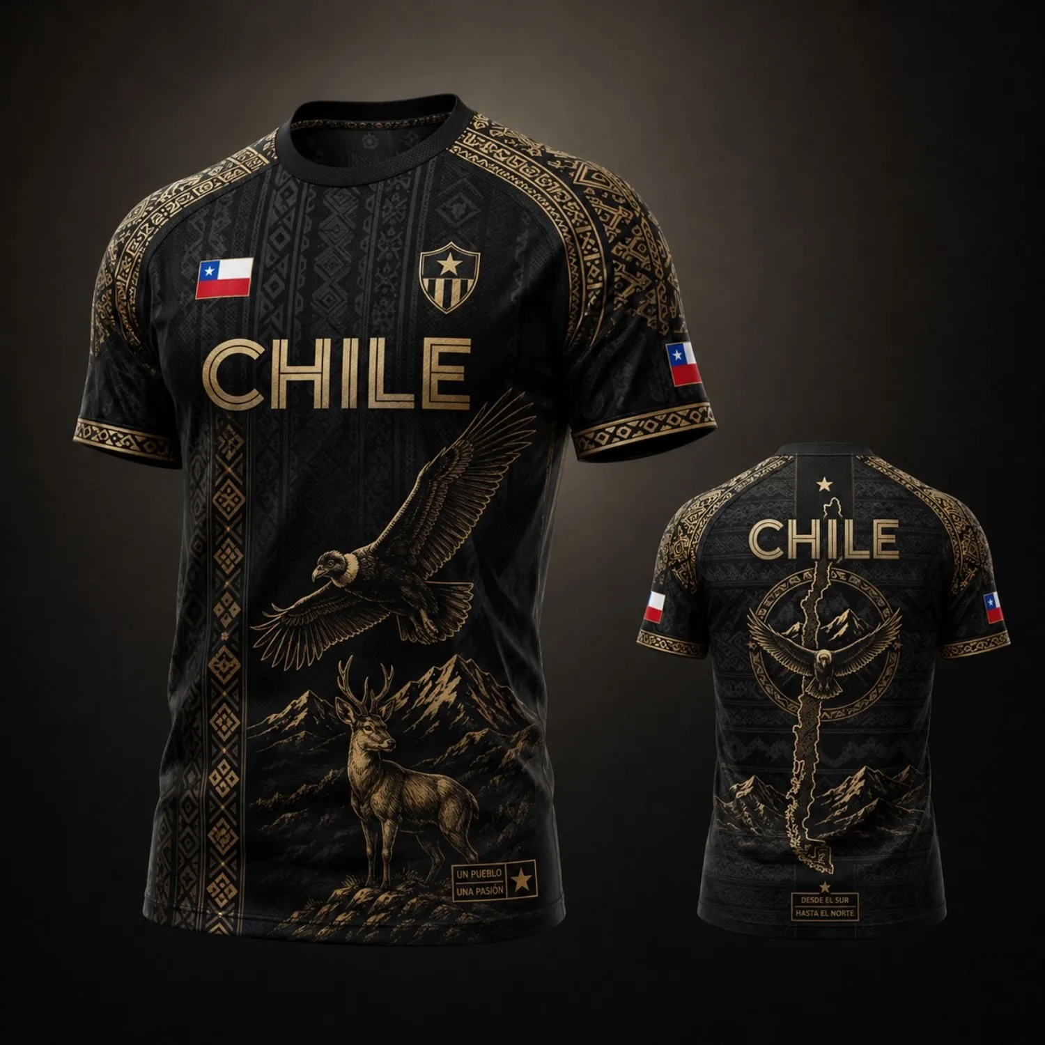 Mens Crew Neck Tee Shirt Chile Black Gold Eagle Deer Mountain Graphic Short Sleeve Casual Street Outdoor Team Style Top Wear Tee