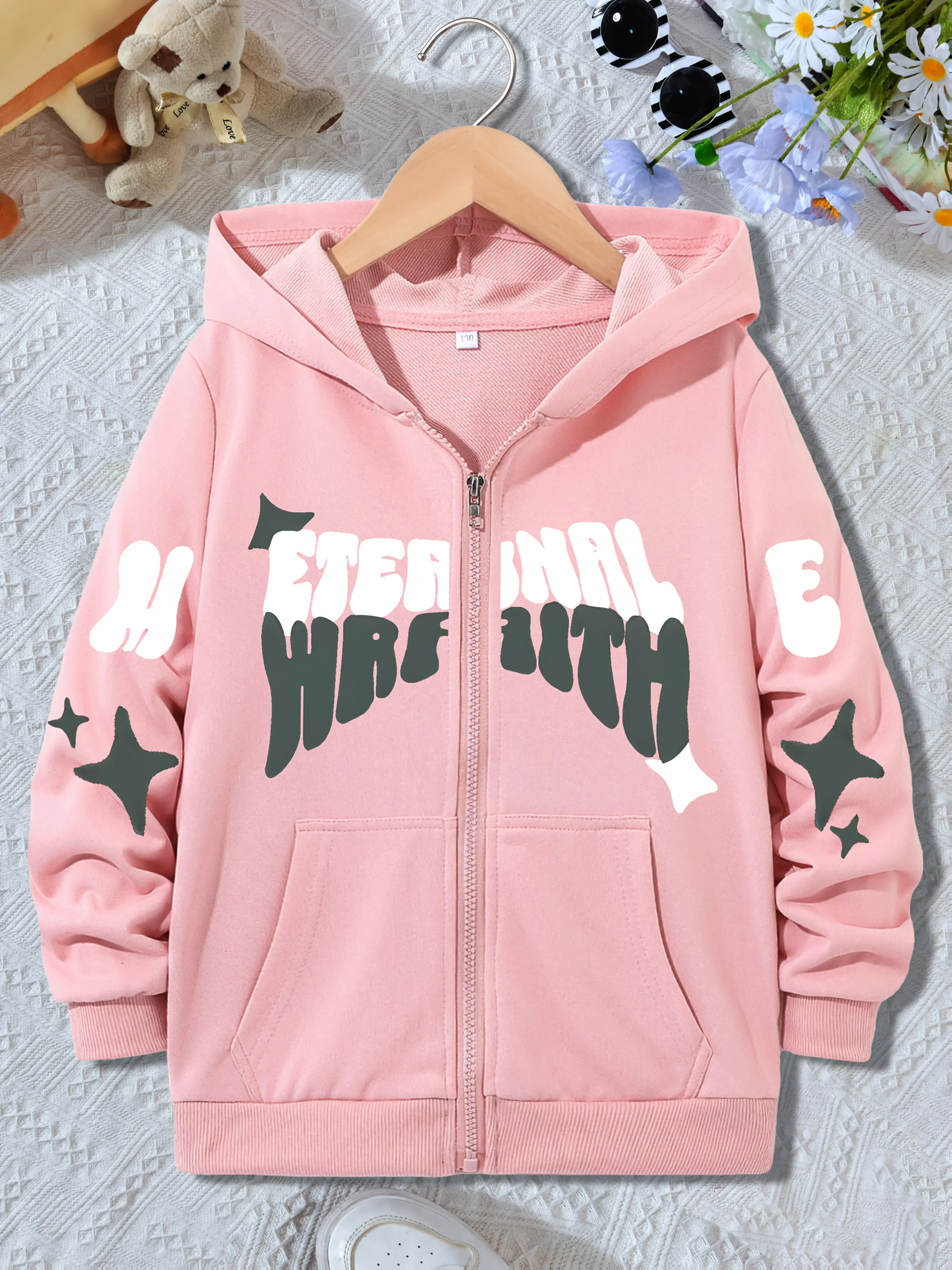 Kids Eternal Faith Star Letter Print Zip Up Hoodie Loose Long Sleeve Hooded Jacket Trendy Street Outerwear For Boys Girls