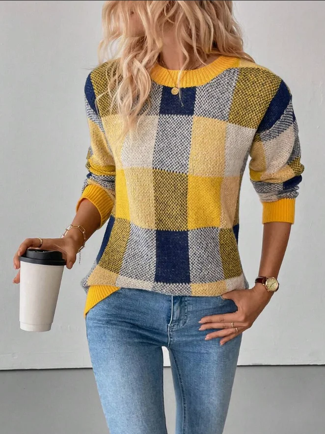 Ladies Elegant Knitted Sweater Long Sleeve Spring Autumn Top Abaya Plaid Unique Design Versatile Denim Pants Outfit