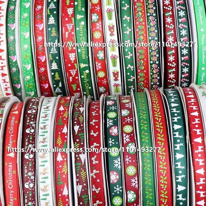 20 Yards Roll 10mm Christmas Ribbon Printed Grosgrain Polyester Ribbons For Gift Wrapping Christmas Decoration DIY Hair Bows