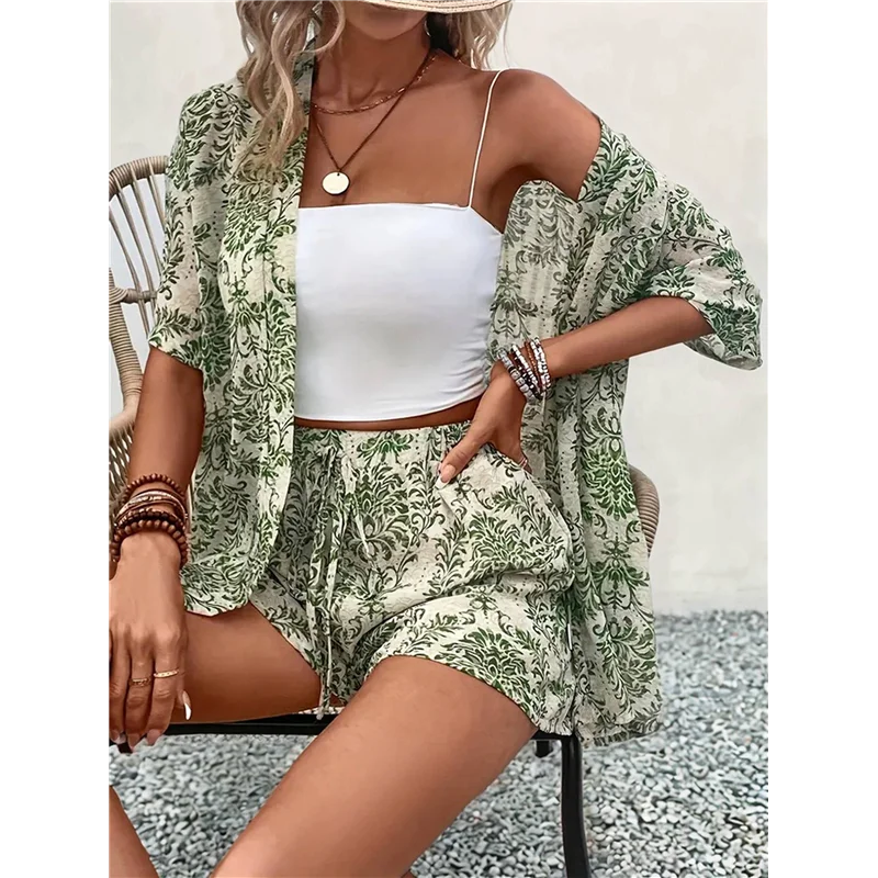 Nouveau-pantalon de plage pour femmes Co Ord ensemble 2 pièces chemise habillée et vêtements de plage courts pour les femmes