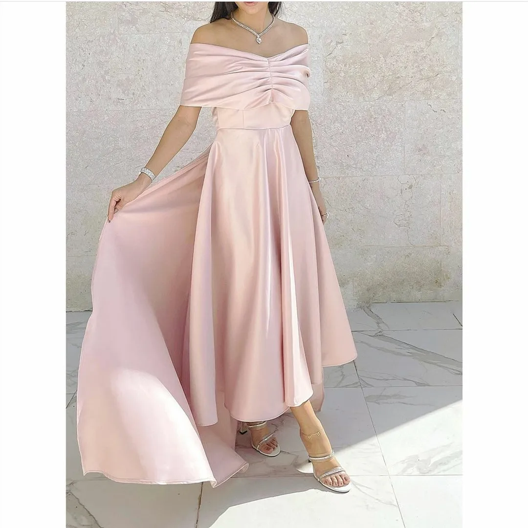 

Elegant Off the Shoulder Pink Satin Front Short Long Back Party Gowns Long Evening Dresses vestidos de noche