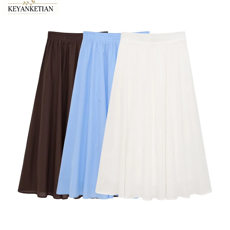 KEYANKETIAN 2026 Autumn Korean Soft Chic Women Elastic Waist Chiffon Midi Skirt Solid Color Flowy A Line Big Swing Long Skirt