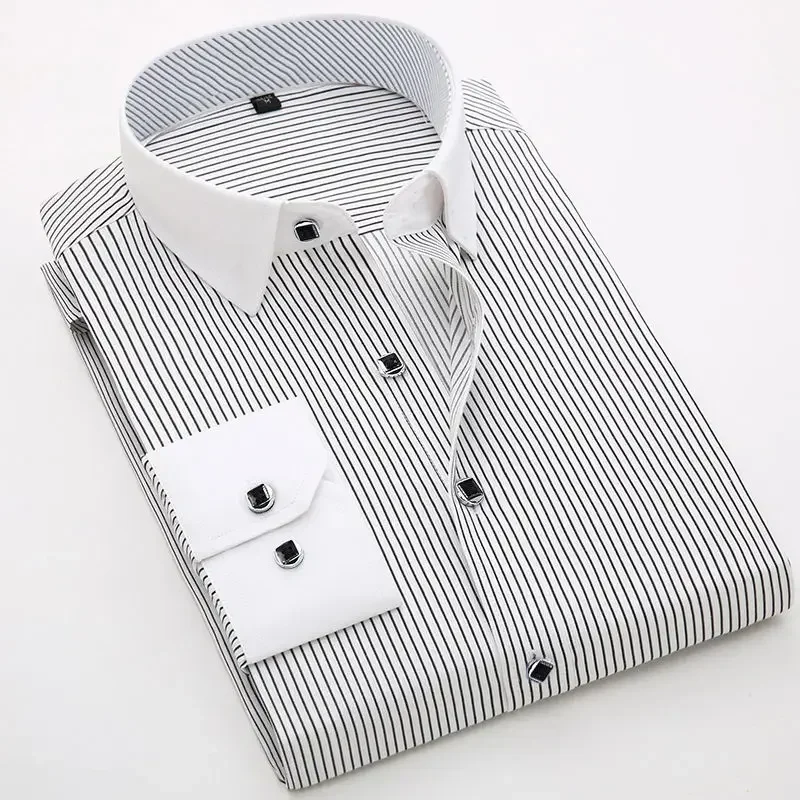 New Men's French Cuff Dress Shirt White Long Sleeve Formal Business Shirts Stylish Striped Casual Shirts for Men with Cufflinks