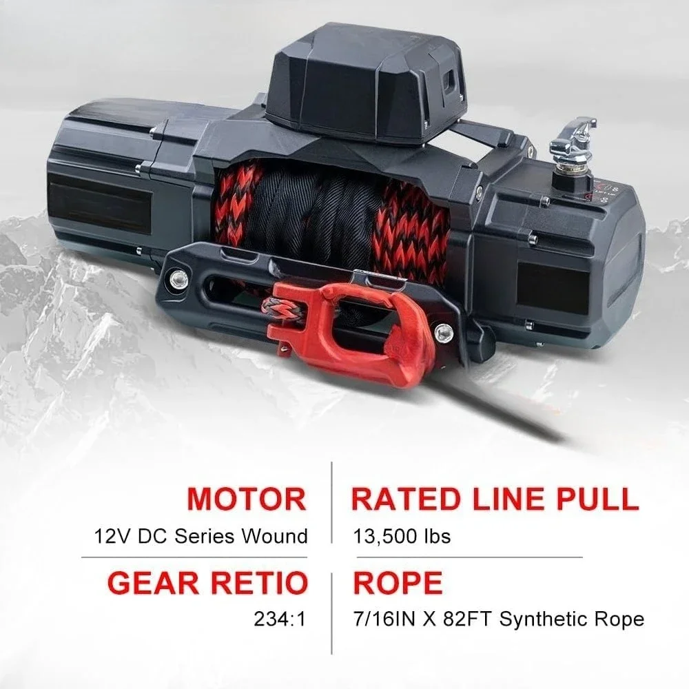 13500lb New Waterproof Electric Synthetic Rope Winch 12V with Hawse Fairlead,2 in 1 Wireless remote control, wired control