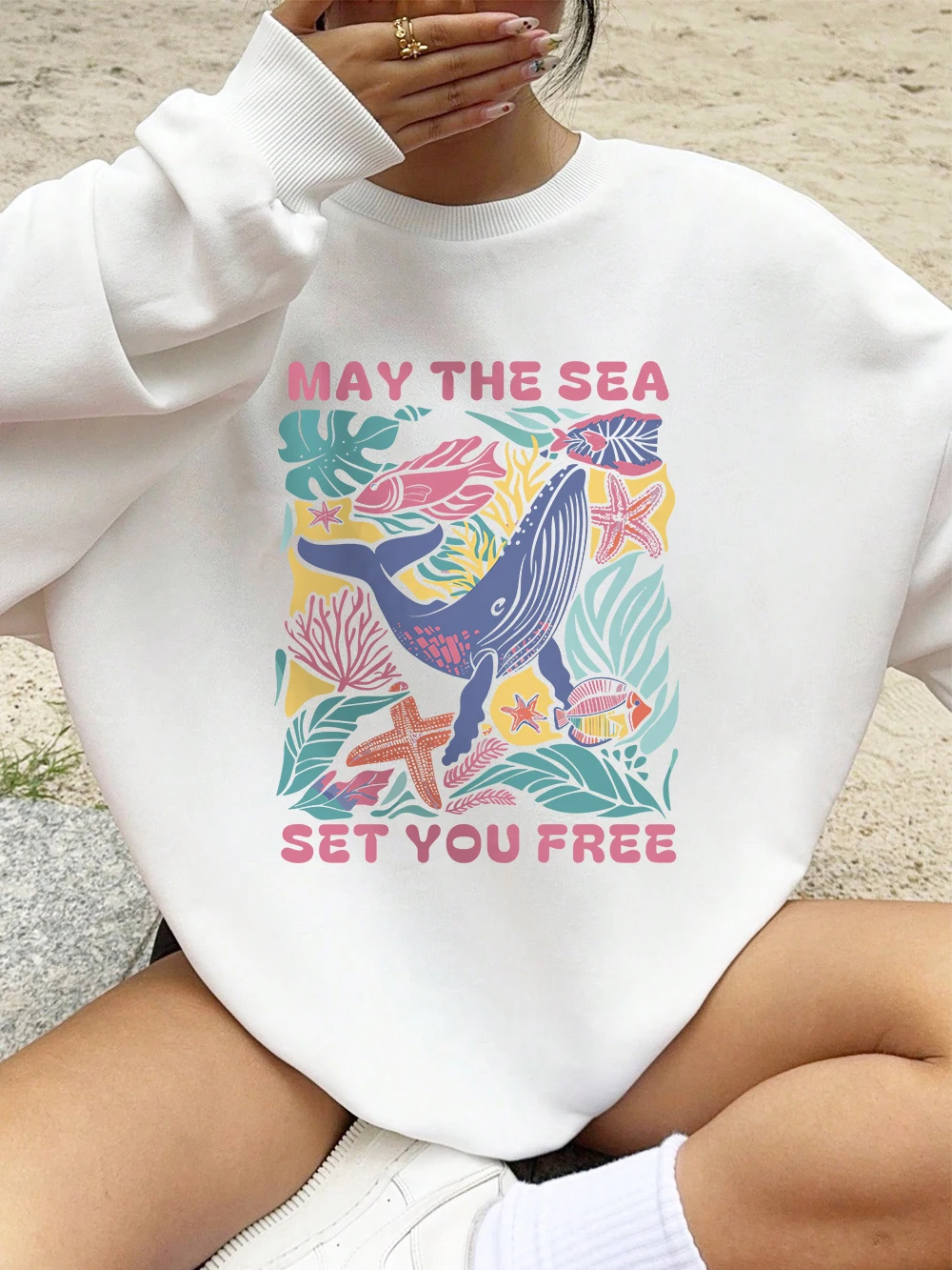 سترة نسائية مطبوعة مجانية من May The Sea مع قلنسوة برقبة دائرية وقلنسوة فضفاضة من الصوف ملابس علوية دافئة للخريف ملابس مريحة