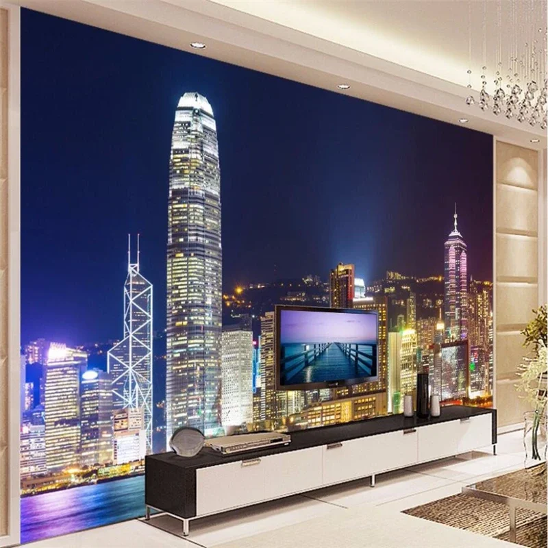 

Индивидуальные фотообои с видом на город ночью, 3D-фреска, фотопанно, большой фотогобелен, ночная съемка Гонконга, отель, ресторан, настенная роспись