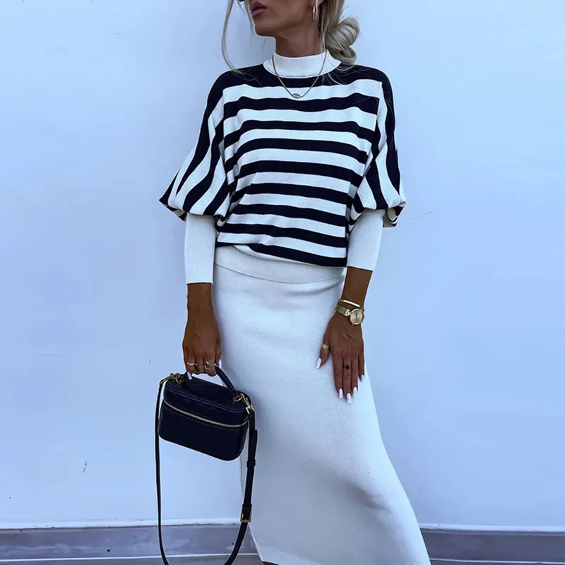 

Lady Leisure Slim Commute Outfits Autumn New Skinny Dress Set Sexy V-neck Solid Color Bodycon Dress And Stripe Knitted Tops Set