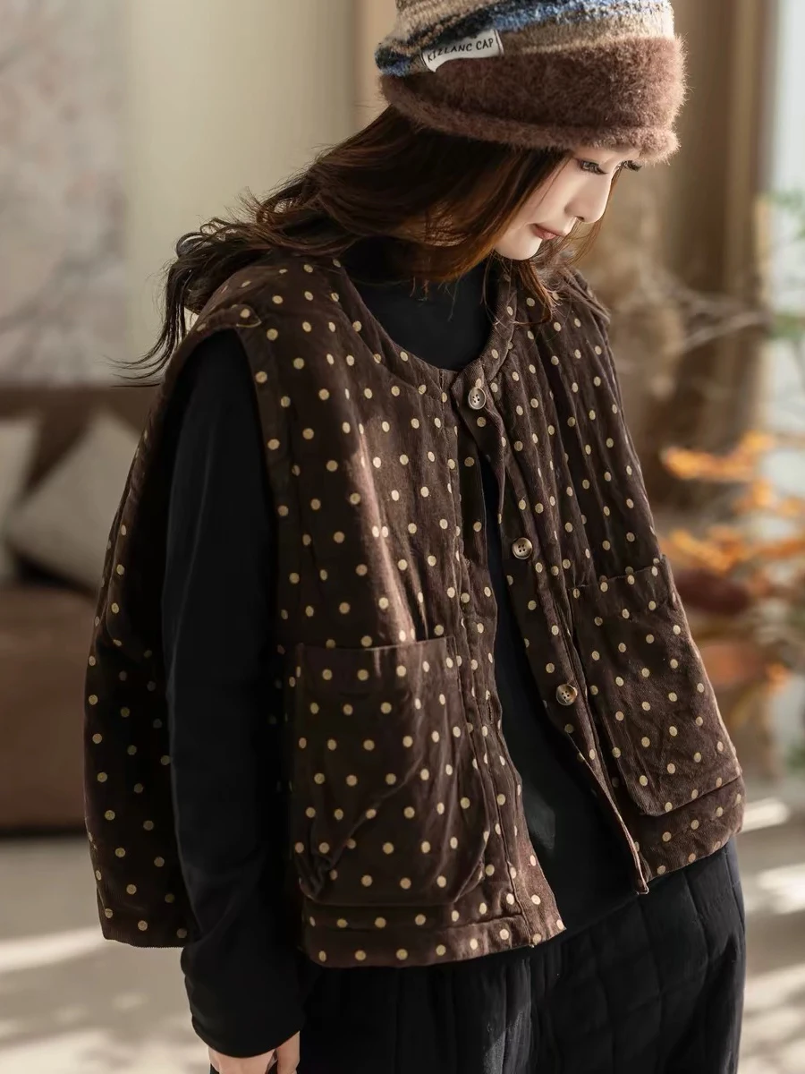 Women's Autumn Winter New Style Sleeveless  Color Corduroy Jacket Cotton Vest Fashionable Casual Thickened Polyester