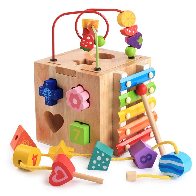 New Arrival 5 In 1 Multi-function Box Beech Wood Toys Digital/Beads/Xylophone/ Blocks Learning Box  Educational Gifts 