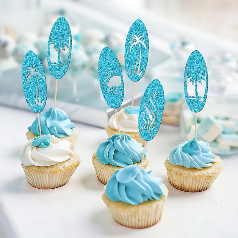 NUBECOM 24 Stück Surfbrett-Cupcake-Topper, glitzernde Sommer-Surfbrett-Kuchenaufsätze für Duschpartys und Dekorationen – Detail 11
