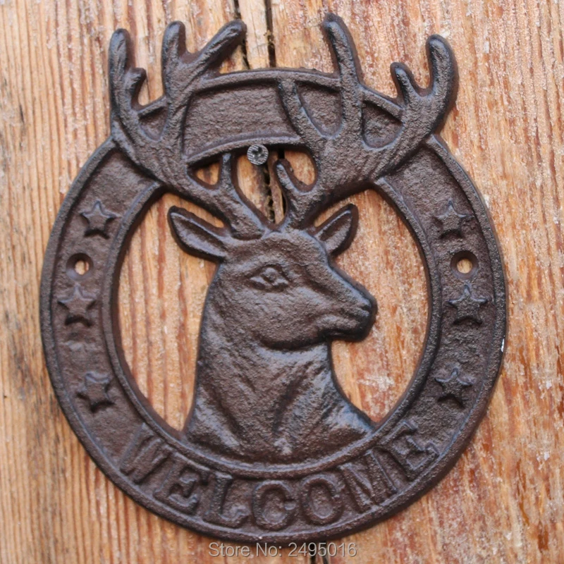 

Antique Style Cast Iron Deer Welcome Plaque Rustic Garden Wall Decoration Ornamental Sign