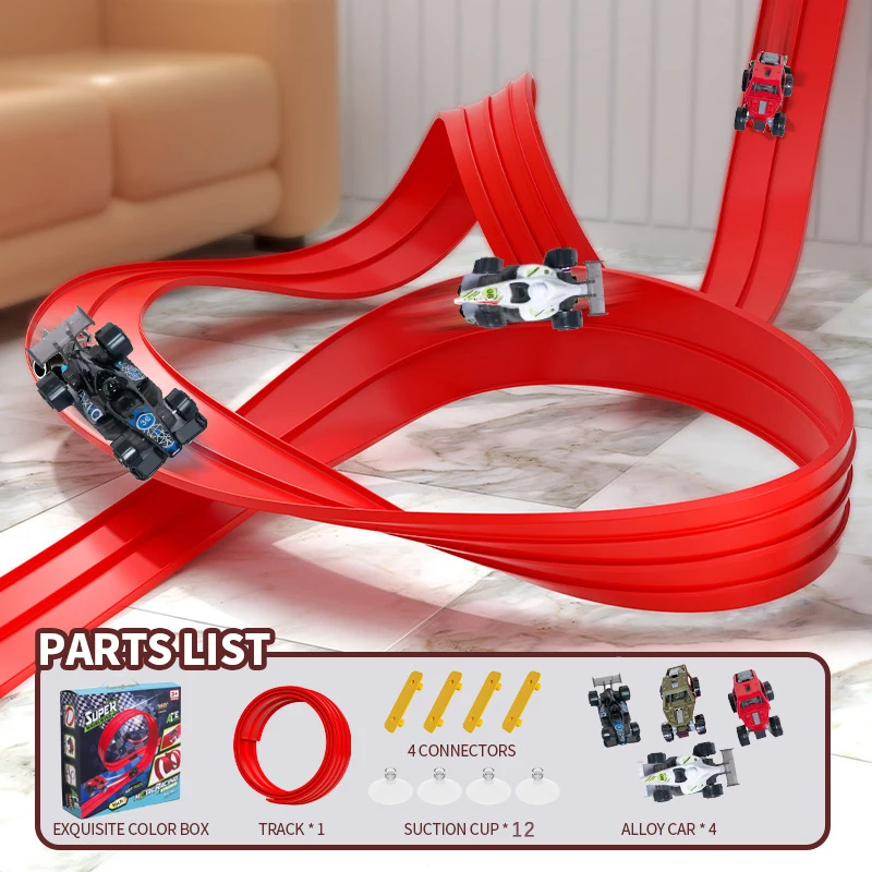 Conjunto de partida clássico Red Track, trilho flexível para rampa de carro de corrida para maiores de 3 anos com ventosas compatíveis com carros 1/64