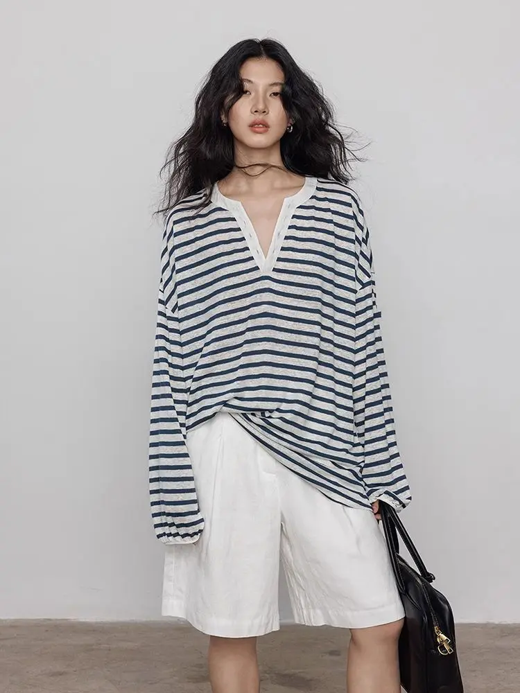

Retro V-neck Knitted Striped Top For Women Spring And Summer Sunscreen Thin Cover Thin Loose Long Sleeve Top