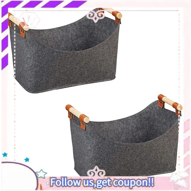 

Premium 2Xstorage Basket Felt, Foldable Storage Bin With Wood Handles, Storage Box For Wood Firewood Winter 17.7X 12.6X 15.7Inch