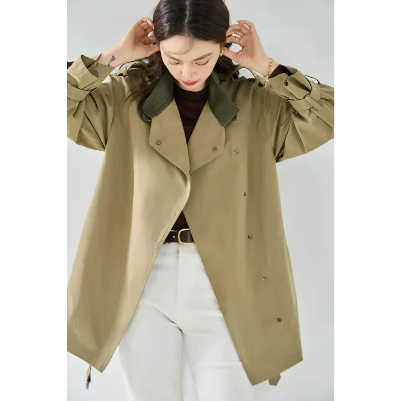 Khaki Short Trench Coats Women Autumn Belt Loose Anti-wrinkle Velvet Leather Handsome Stand Collar Windbreaker Jacket Epaulettes