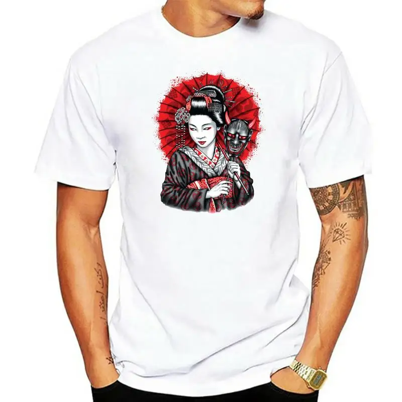 Mens Geisha Oni Mask Yokai Ogre Kuruoshiki Asian Art Culture Crewneck T-Shirt Fitness Tee Shirt