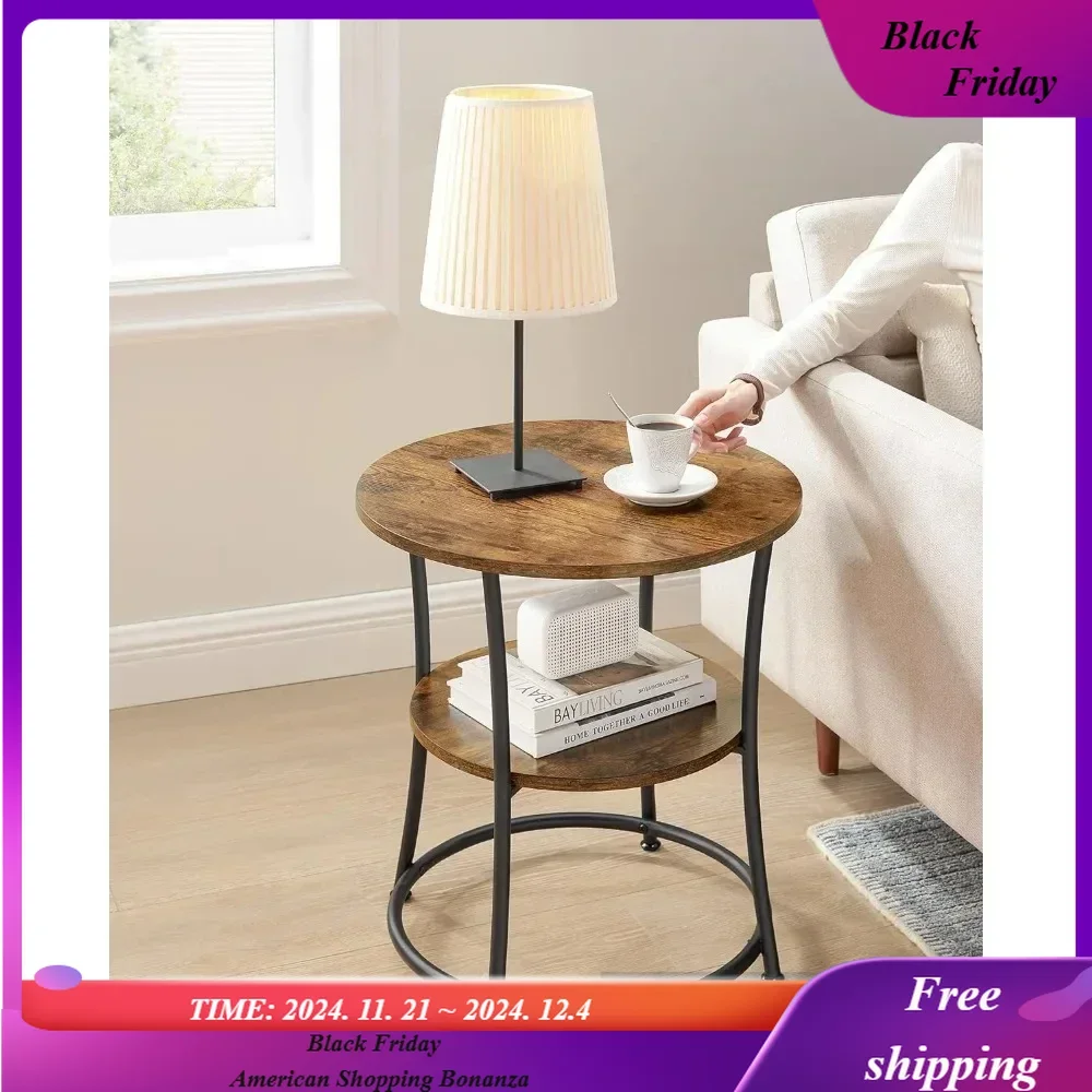 

Side Table, Round End Table with 2 Shelves for Living Room, Bedroom, Nightstand with Steel Frame for Small Spaces