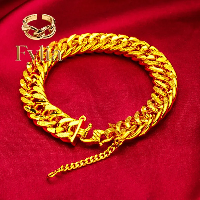 Fylia Jewelry   24K Gold Engine-Turned Bracelet AU999 Pure Gold, 3D engine-turned patterns, rugged chain, exudes masculinity and