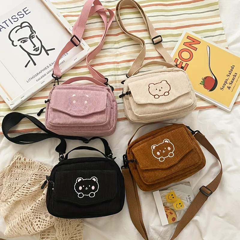 Canvas Bag Korean Style Japanese Harajuku Canvas Crossbody Bag Women's Shoulder Bag Cute Forest Style Trendy Small Crossbody Bag Corduroy Cartoon Canvas Bag Unique Internet Celebrity Fashion Trend
